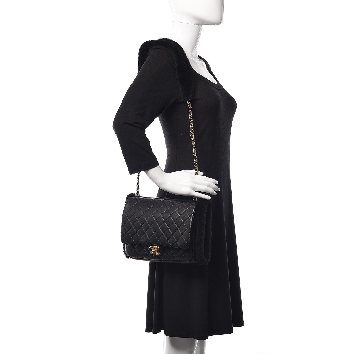 Lambskin Shearling CC Muff Flap Bag Black