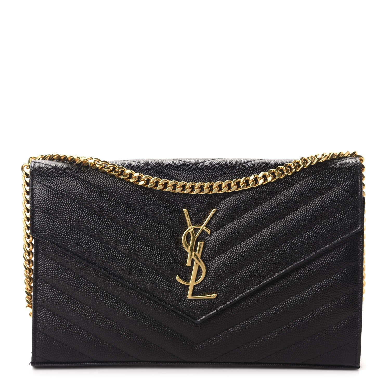 Saint Laurent Grain De Poudre Matelasse Chevron Monogram Chain Wallet Black 1 of 11
