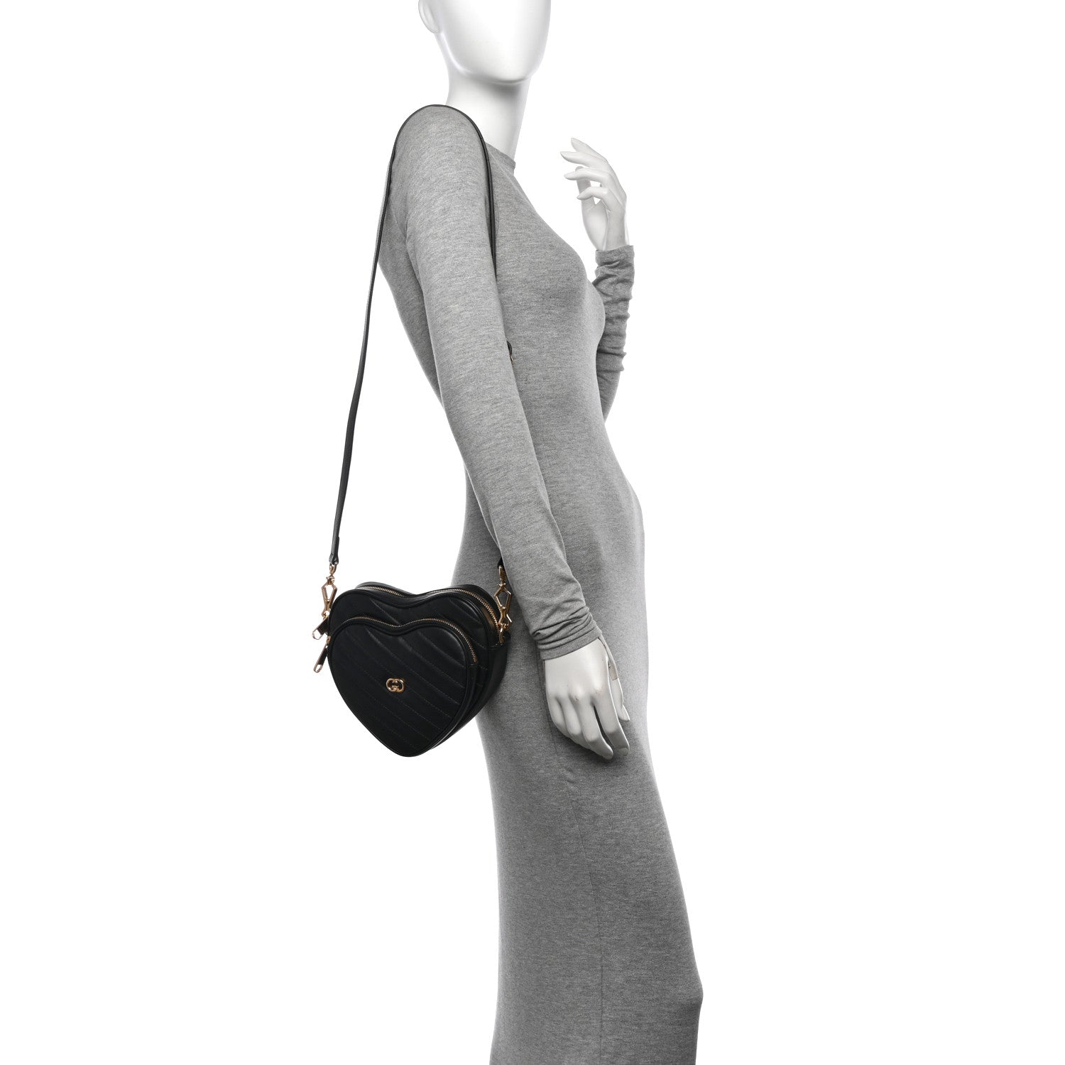 Gucci Calfskin Matelasse Diagonal Mini Interlocking G Heart Shoulder Bag Black 2 of 11