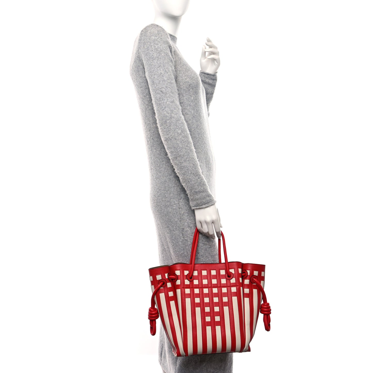 Calfskin Grid Flamenco Knot Tote Red White