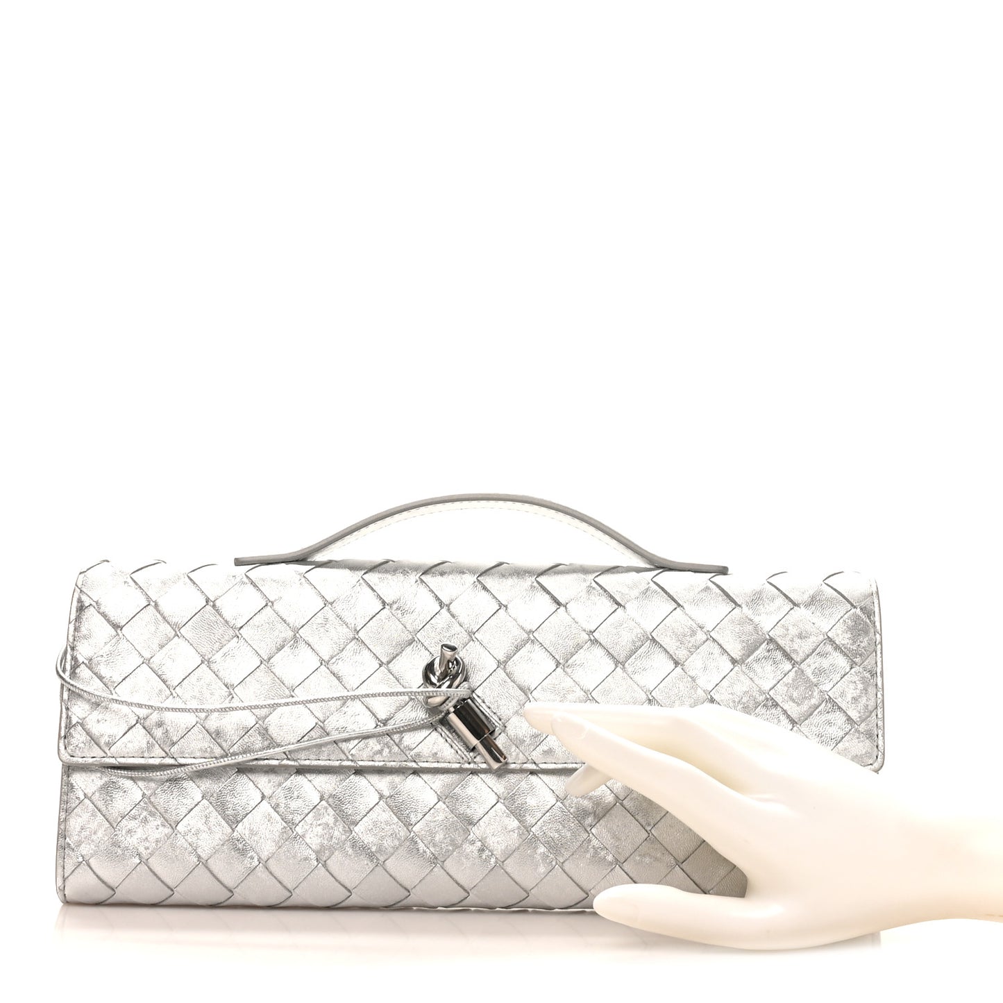 Metallic Lambskin Intrecciato Long Andiamo Top Handle Clutch Silver