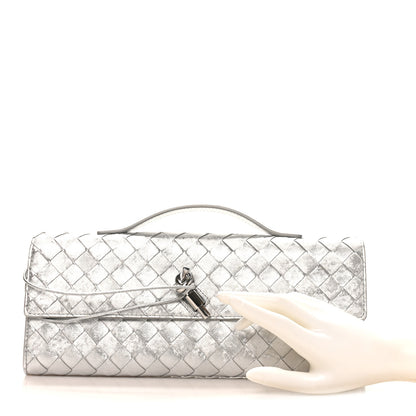 Bottega Veneta Metallic Lambskin Intrecciato Long Andiamo Top Handle Clutch Silver 2 of 7