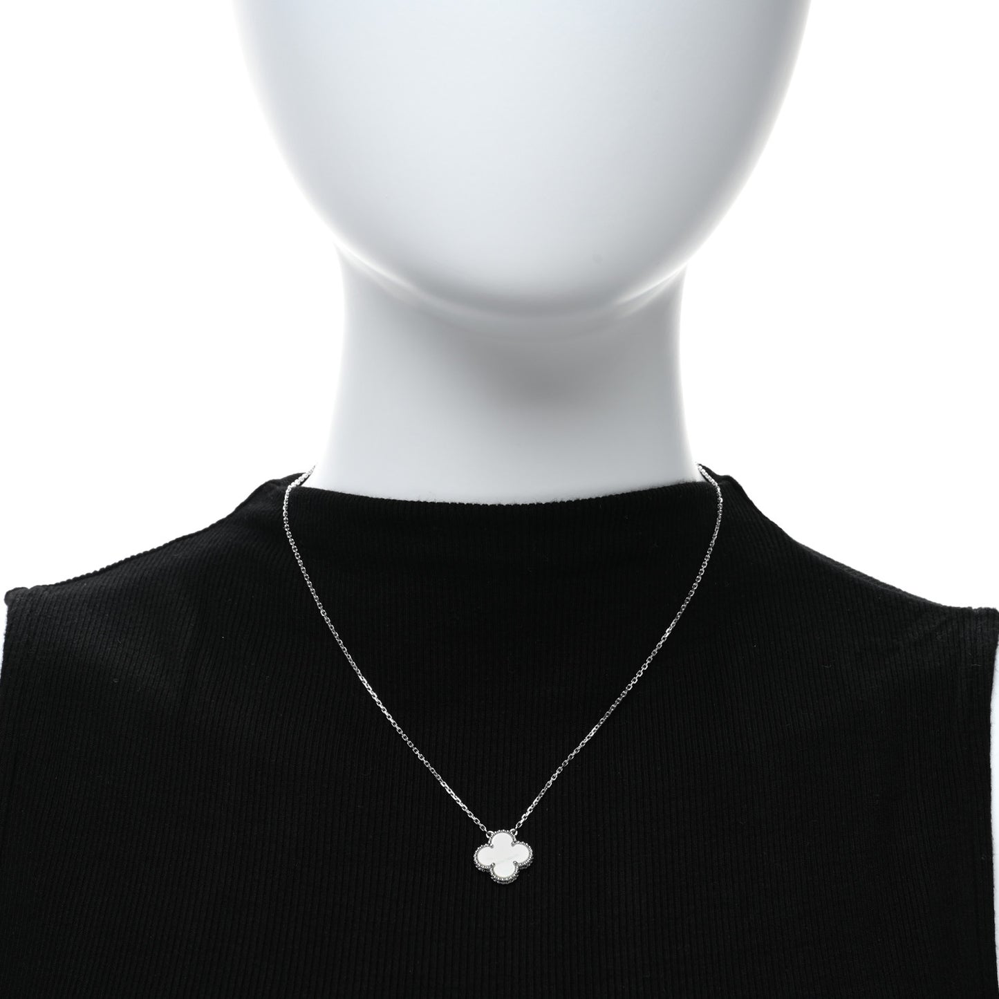 18K White Gold Mother Of Pearl Vintage Alhambra Pendant Necklace