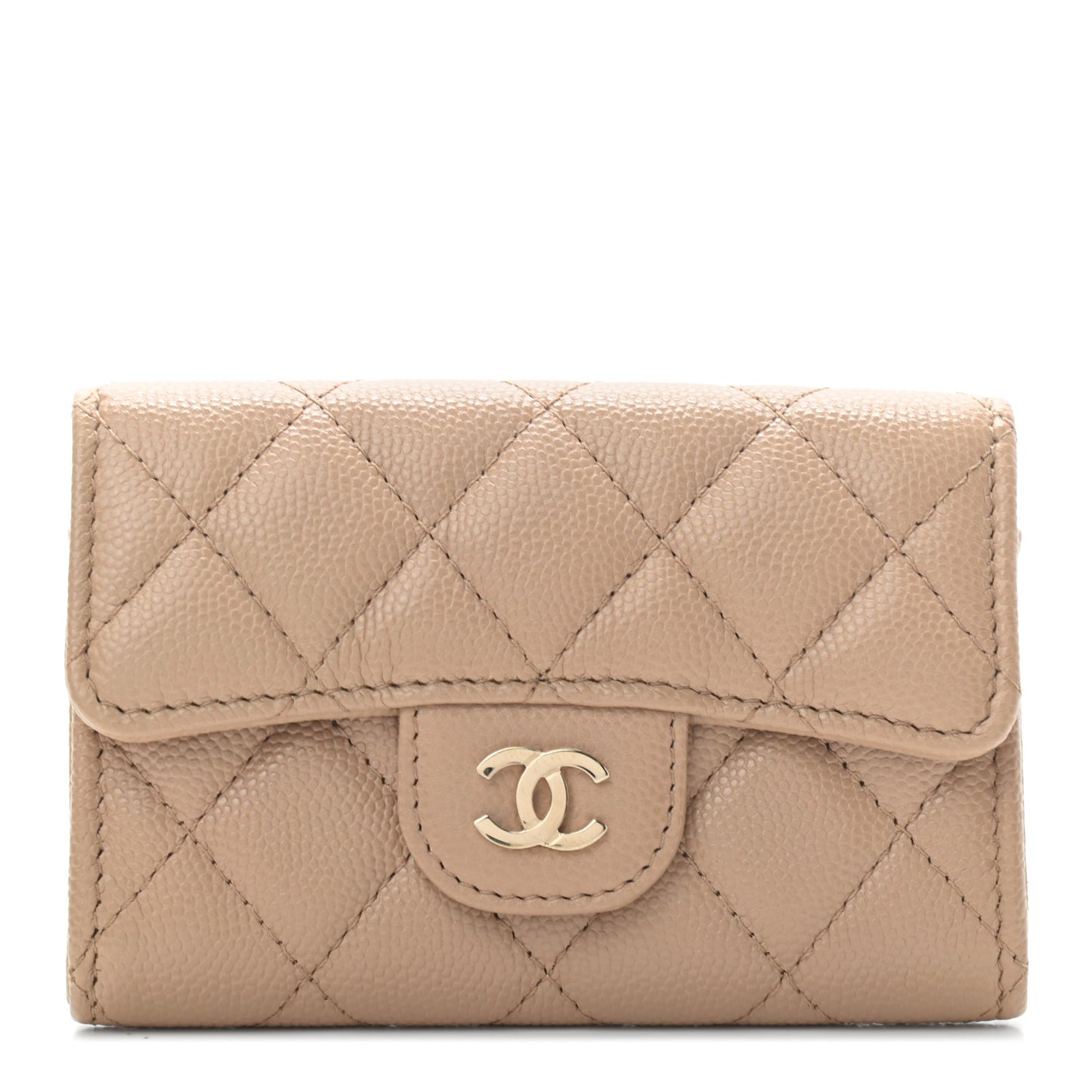 Caviar Quilted Flap Card Holder Wallet Beige