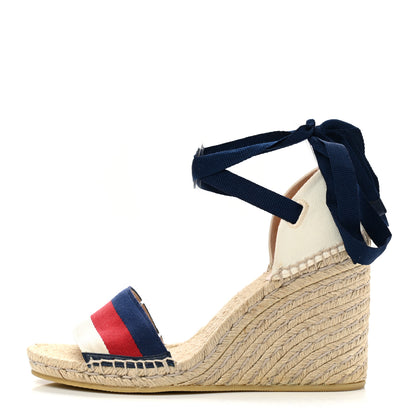 Gucci Canvas Sylvie Web Ankle Wrap Espadrille Wedge Sandals 39 Mystic White Hibiscus Red Maritime 1 of 11