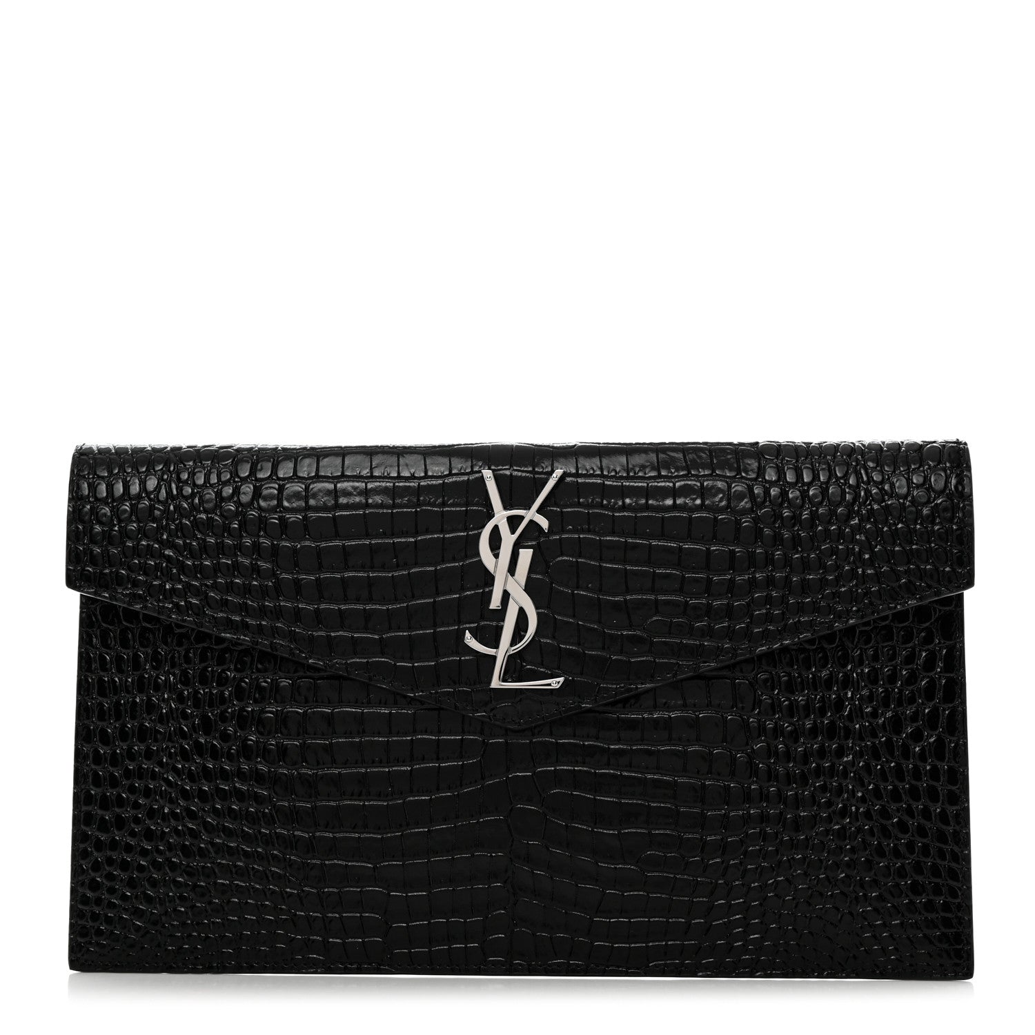 Saint Laurent Calfskin Crocodile Embossed Uptown Monogram Pouch Black 1 of 8