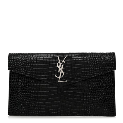 Saint Laurent Calfskin Crocodile Embossed Uptown Monogram Pouch Black 1 of 8