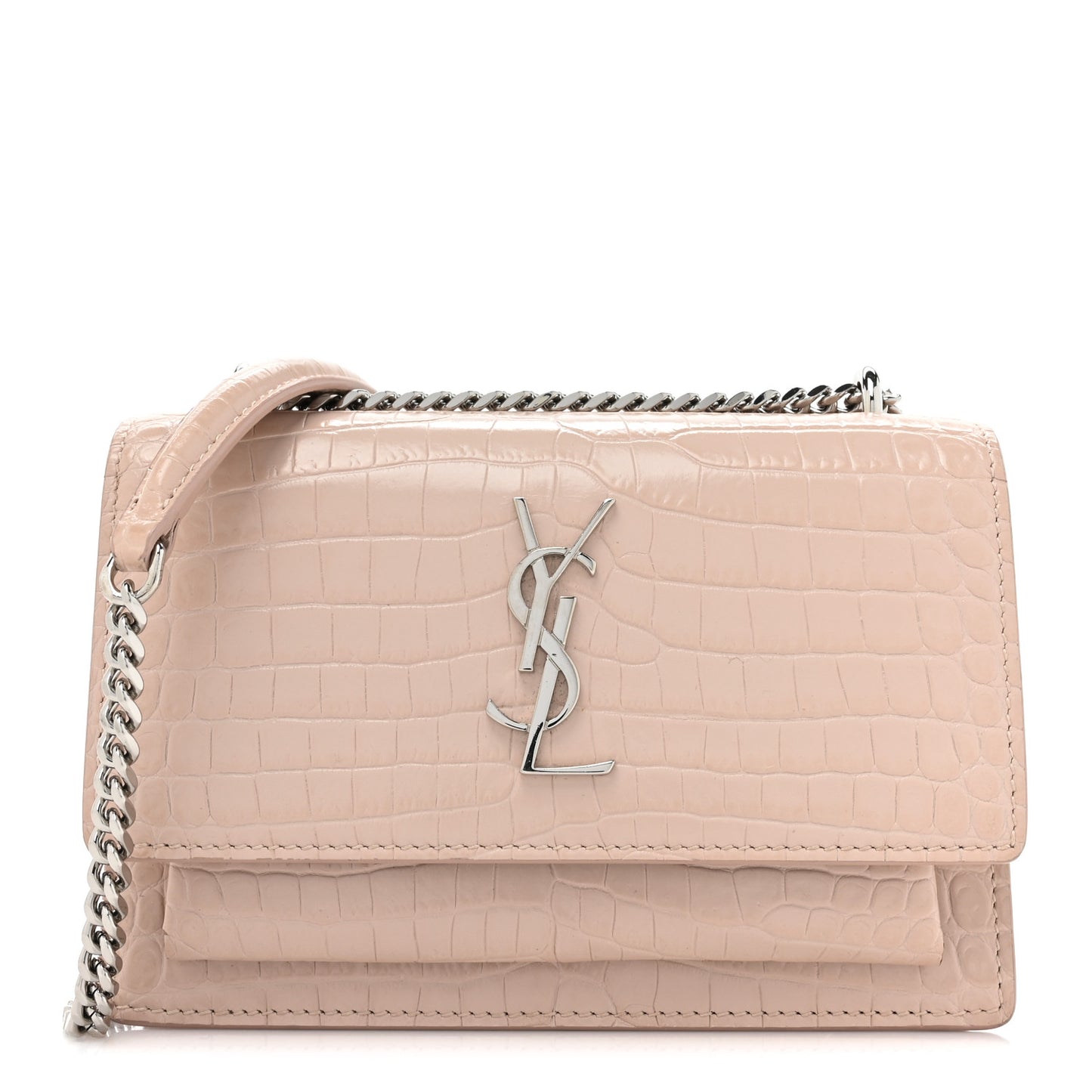 Calfskin Crocodile Embossed Monogram Sunset Chain Wallet Marble Pink