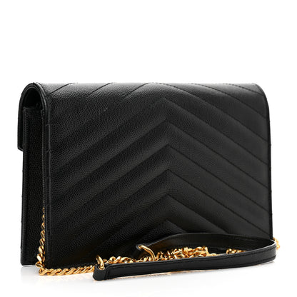 Saint Laurent Grain De Poudre Matelasse Chevron Monogram Envelope Chain Wallet Black 2 of 8