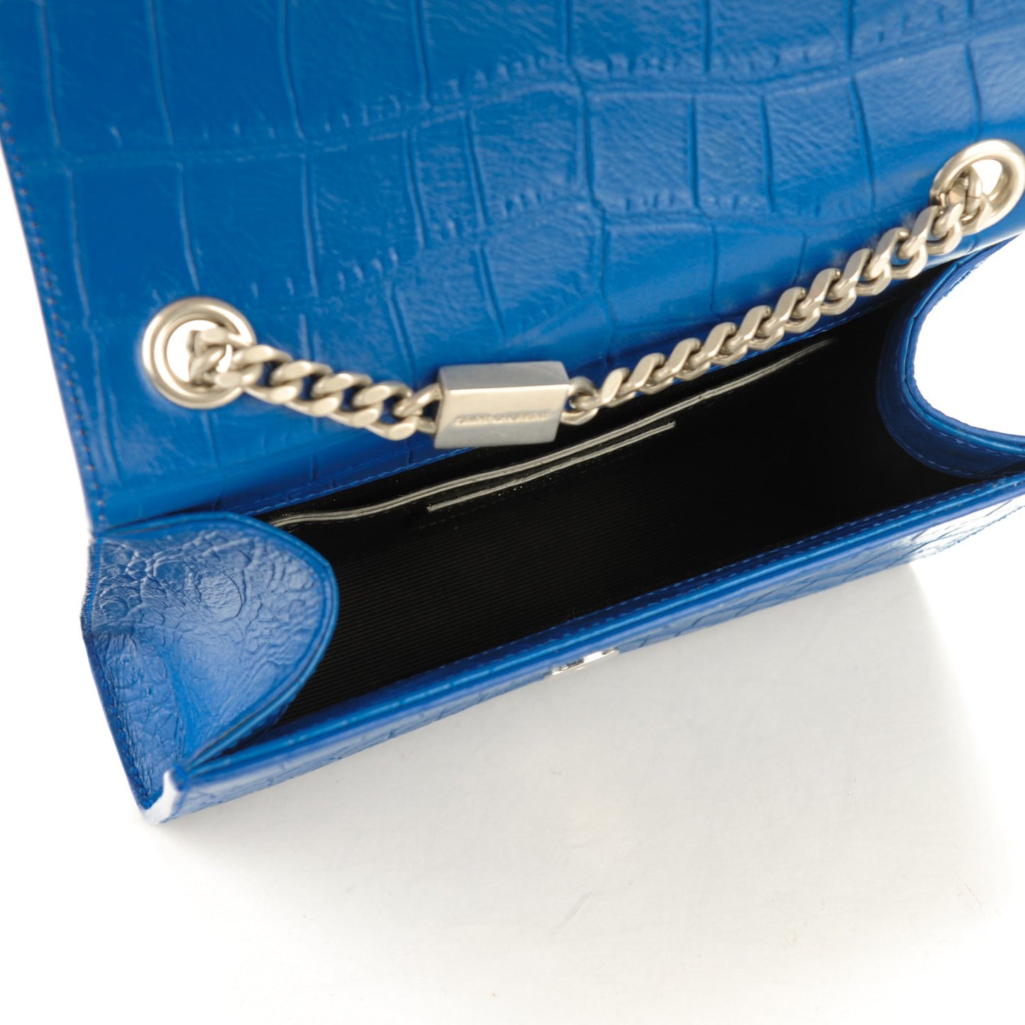 Calfskin Crocodile Embossed Small Classic Monogram Tassel Satchel Blue