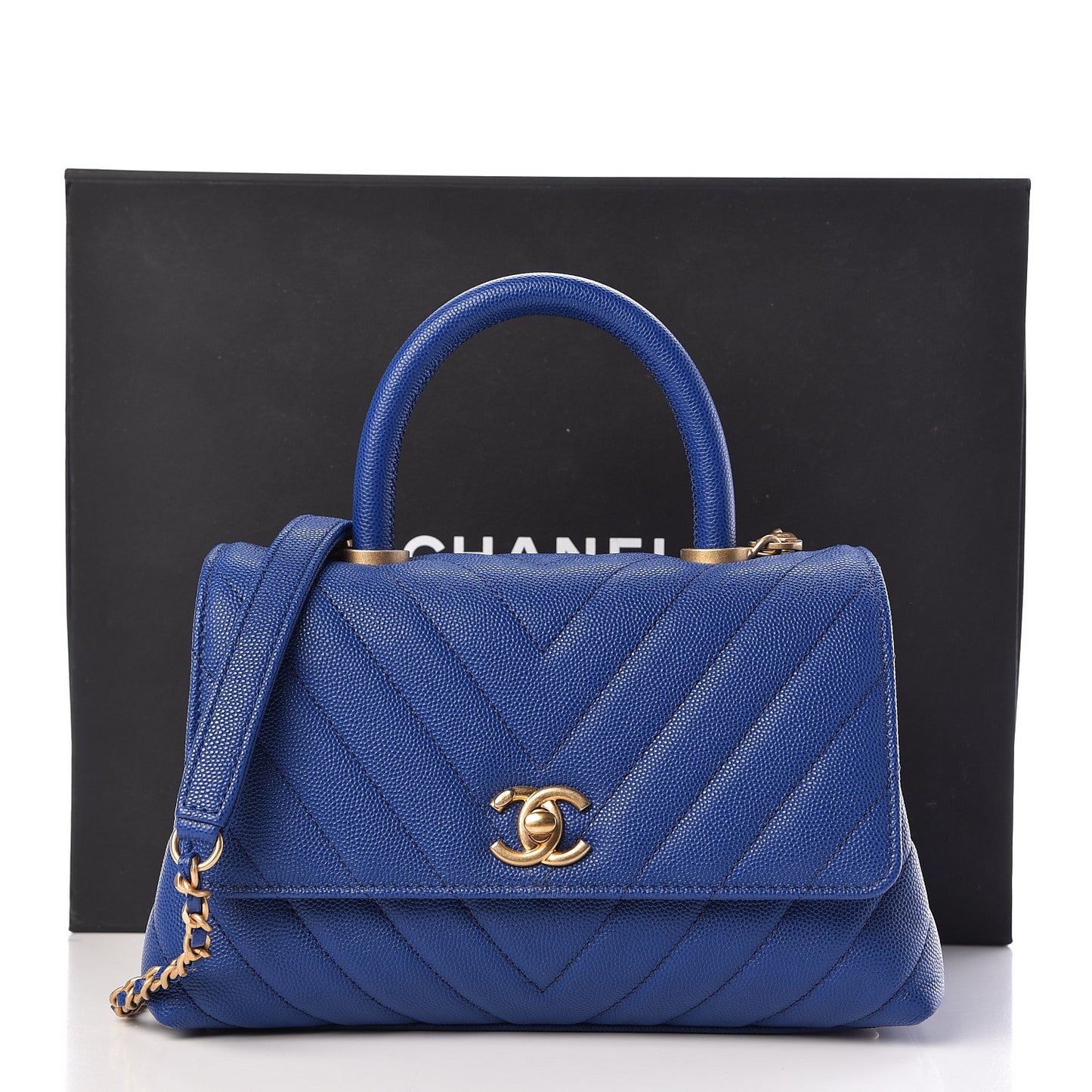 Caviar Chevron Quilted Mini Coco Handle Flap Blue