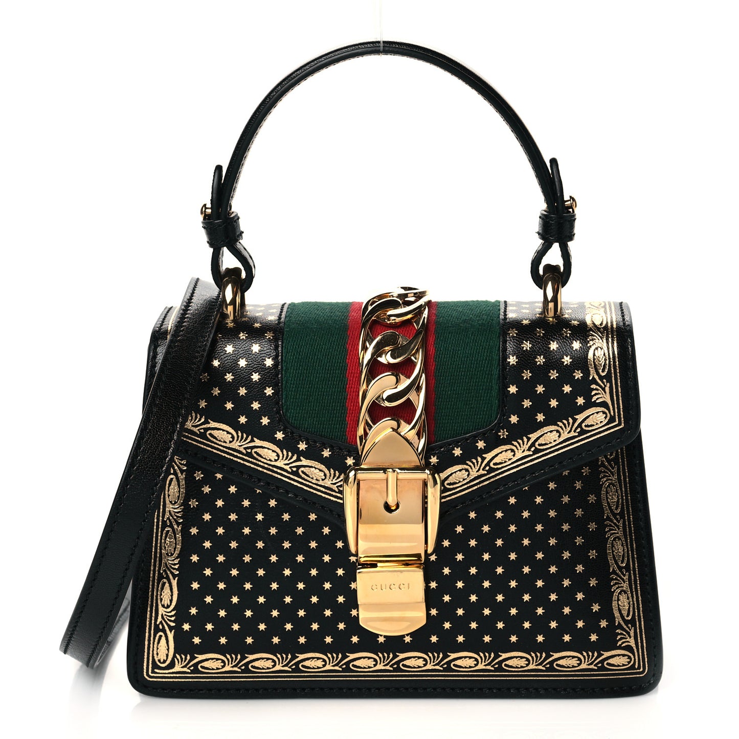 Calfskin Star Printed Mini Sylvie Top Handle Bag Gold Black