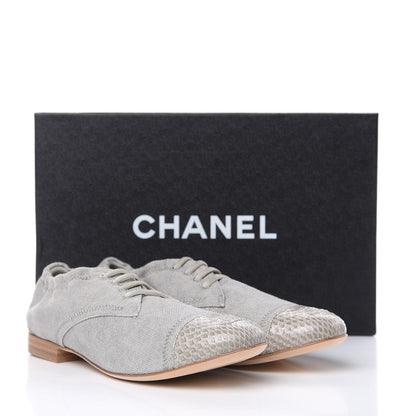 Chanel Washed Toile Snakeskin Cap Toe CC Lace Up Flats 36 Grey 12 of 12