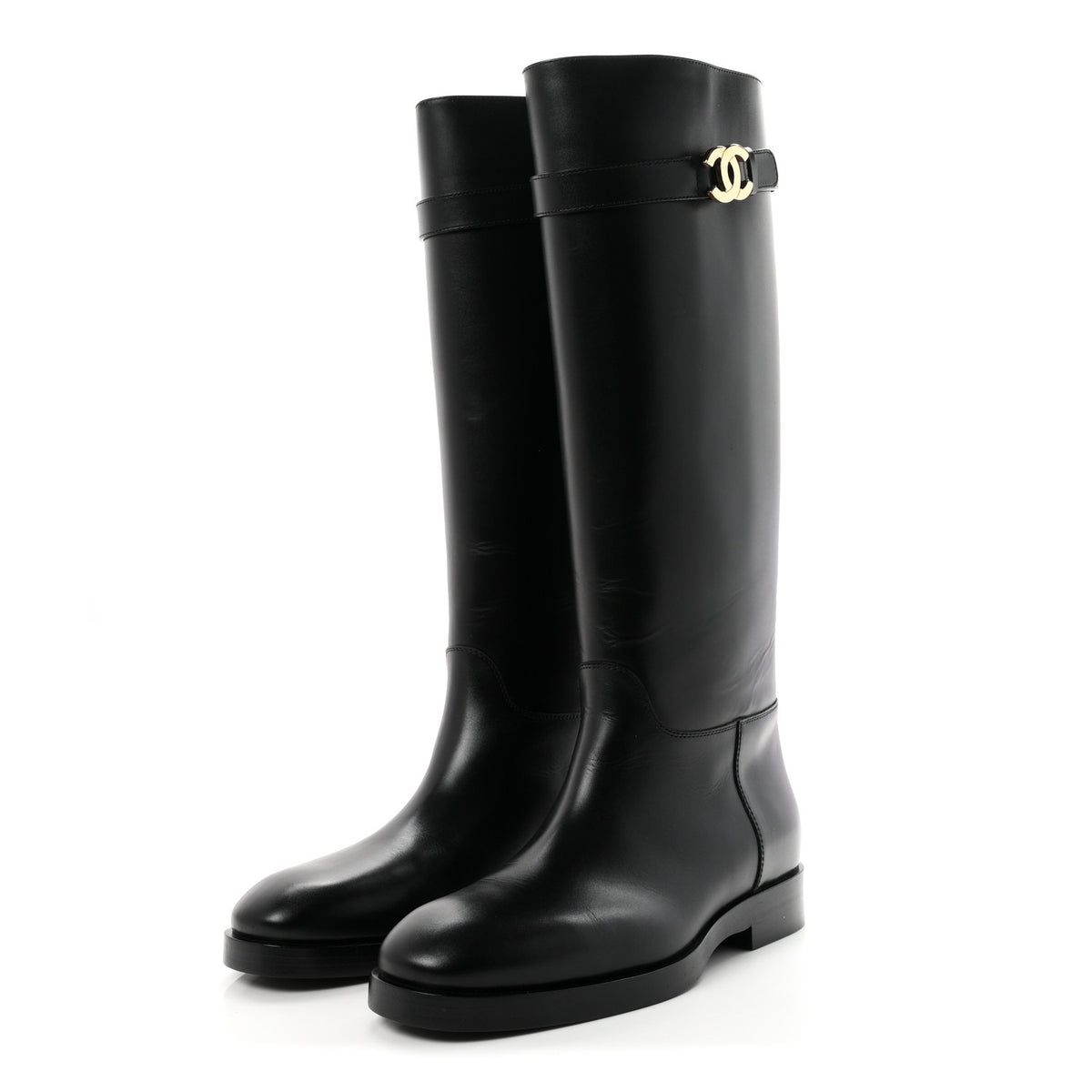 Calfskin CC Buckle High Boots 42 Black