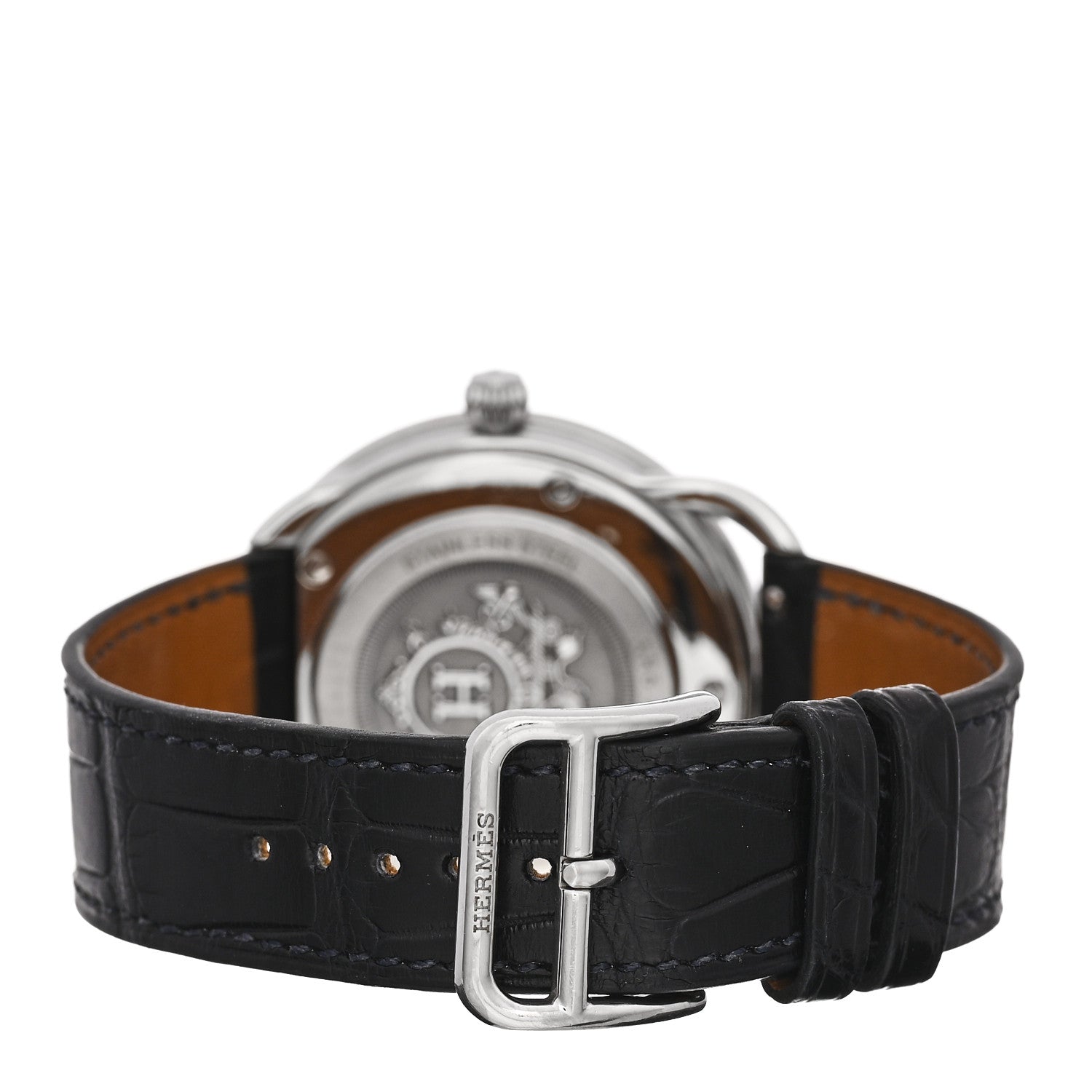 Hermes Stainless Steel Alligator Diamond Bezel Mother of Pearl 38mm Arceau Quartz Watch Noir 3 of 5