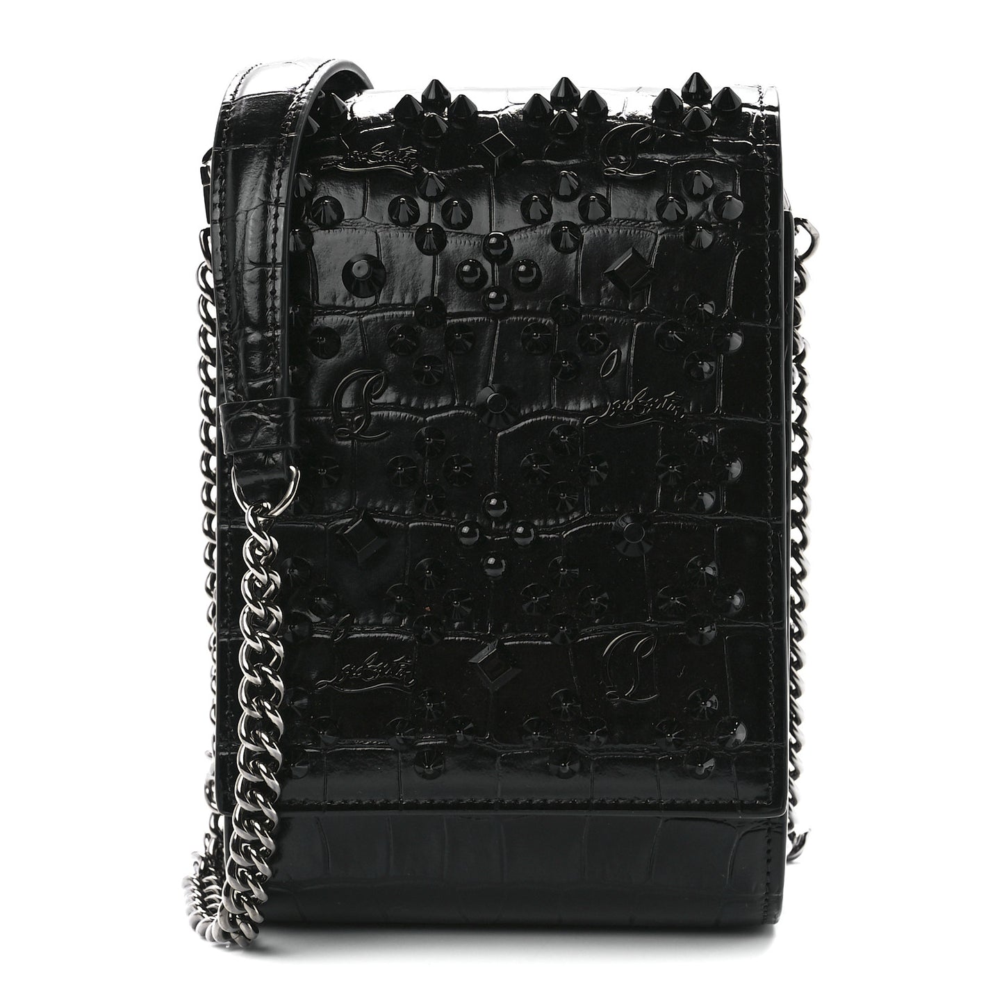 Crocodile Embossed Calfskin Spikes Loubinthesky Paloma Crossbody Phone Case Black