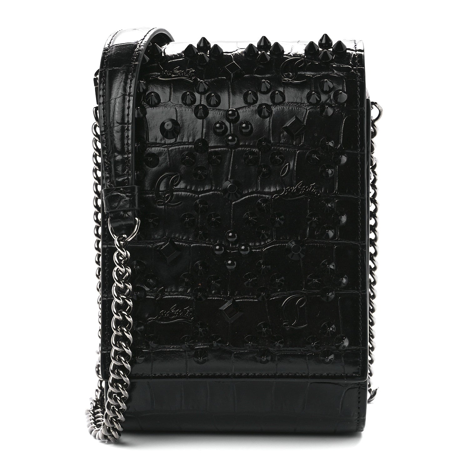 Christian Louboutin Crocodile Embossed Calfskin Spikes Loubinthesky Paloma Crossbody Phone Case Black 1 of 10