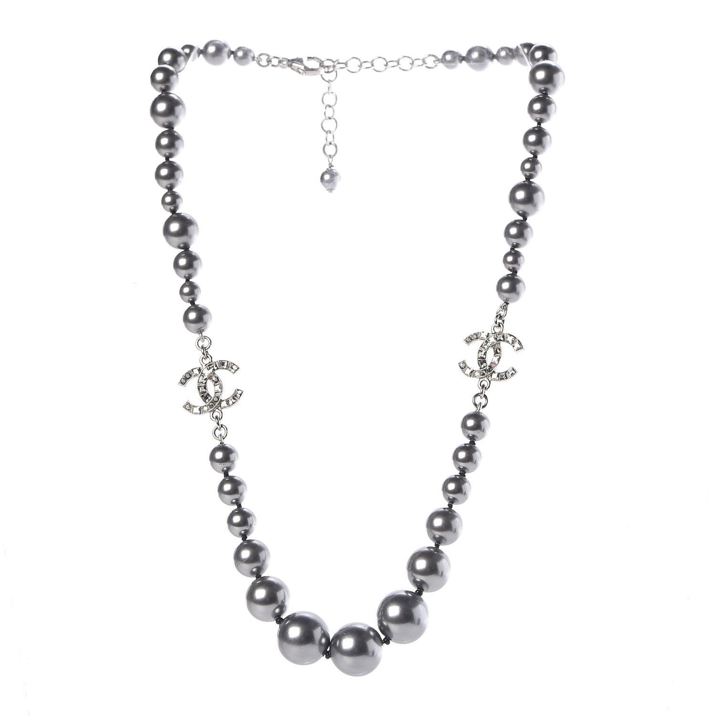 Crystal Baguette Graduated Pearl CC Short Necklace Silver Grey