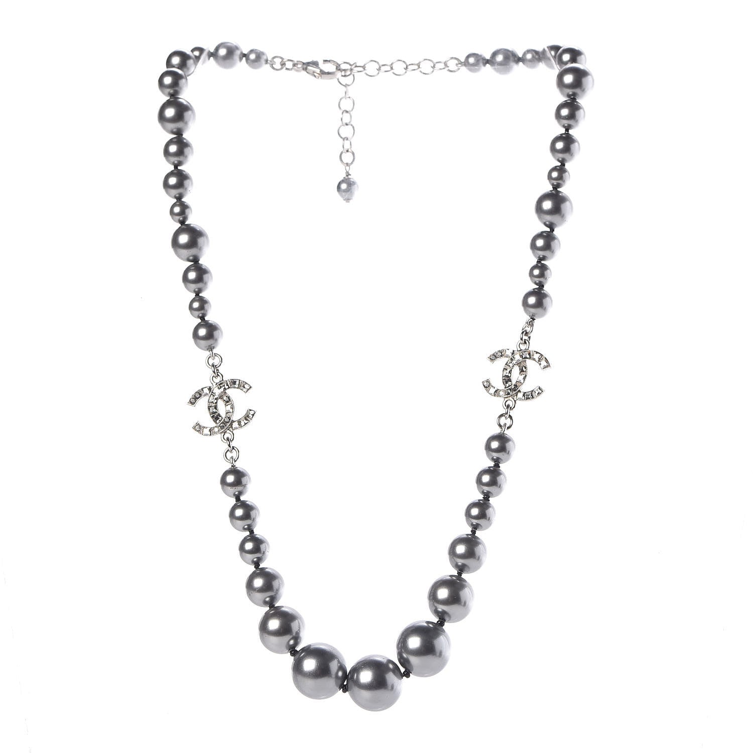 Chanel Crystal Baguette Graduated Pearl CC Short Necklace Silver Grey 3 of 5