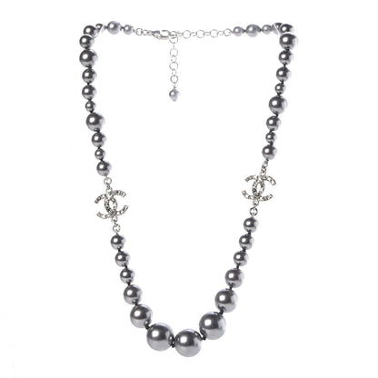Chanel Crystal Baguette Graduated Pearl CC Short Necklace Silver Grey 3 of 5