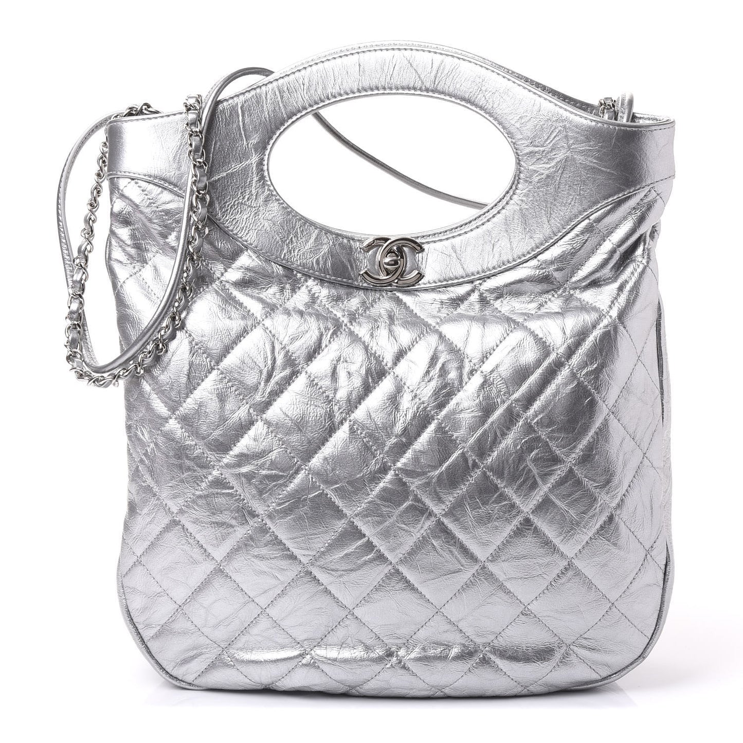 Metallic Crumpled Calfskin Small 31 Shopping Bag Silver