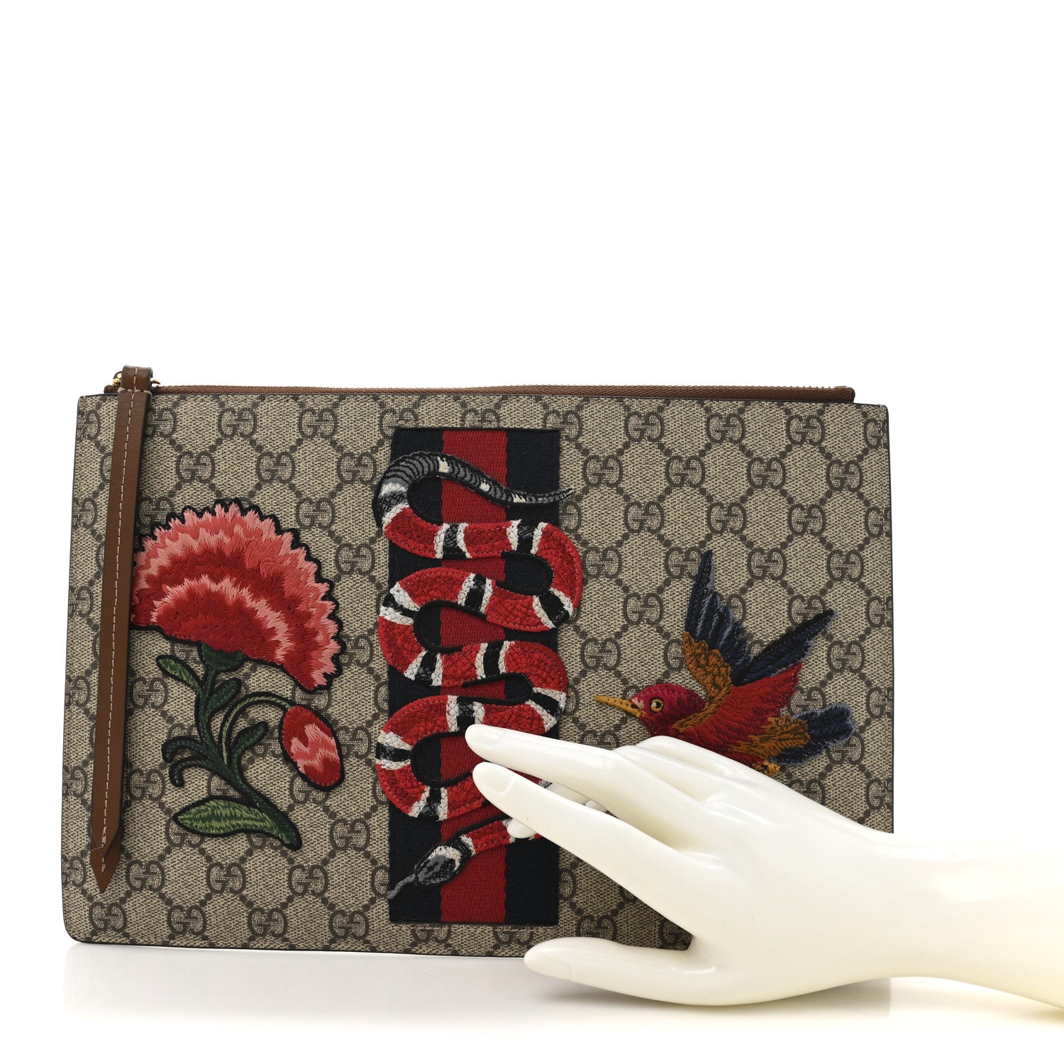 Gucci GG Supreme Monogram Web Kingsnake Embroidered Large Zip Pouch Brown 2 of 9