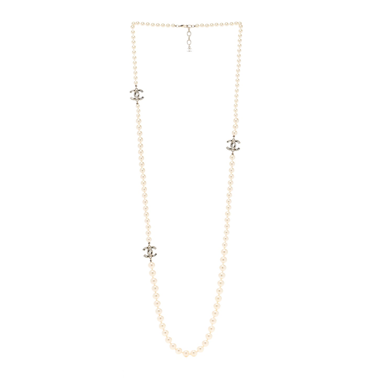 Pearl Baguette Crystal CC Long Necklace Silver