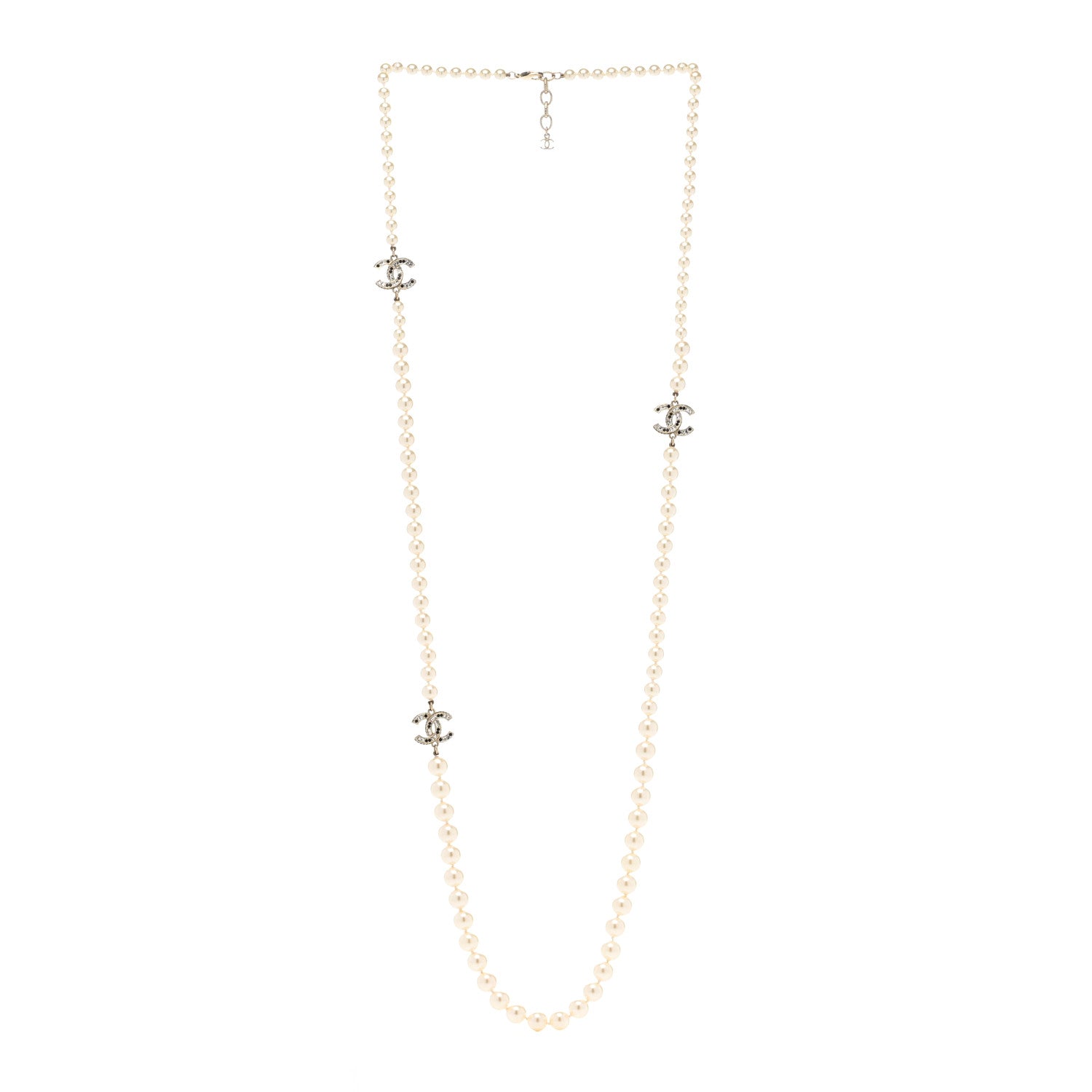 Chanel Pearl Baguette Crystal CC Long Necklace Silver 3 of 6