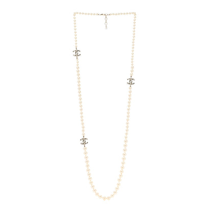 Chanel Pearl Baguette Crystal CC Long Necklace Silver 3 of 6