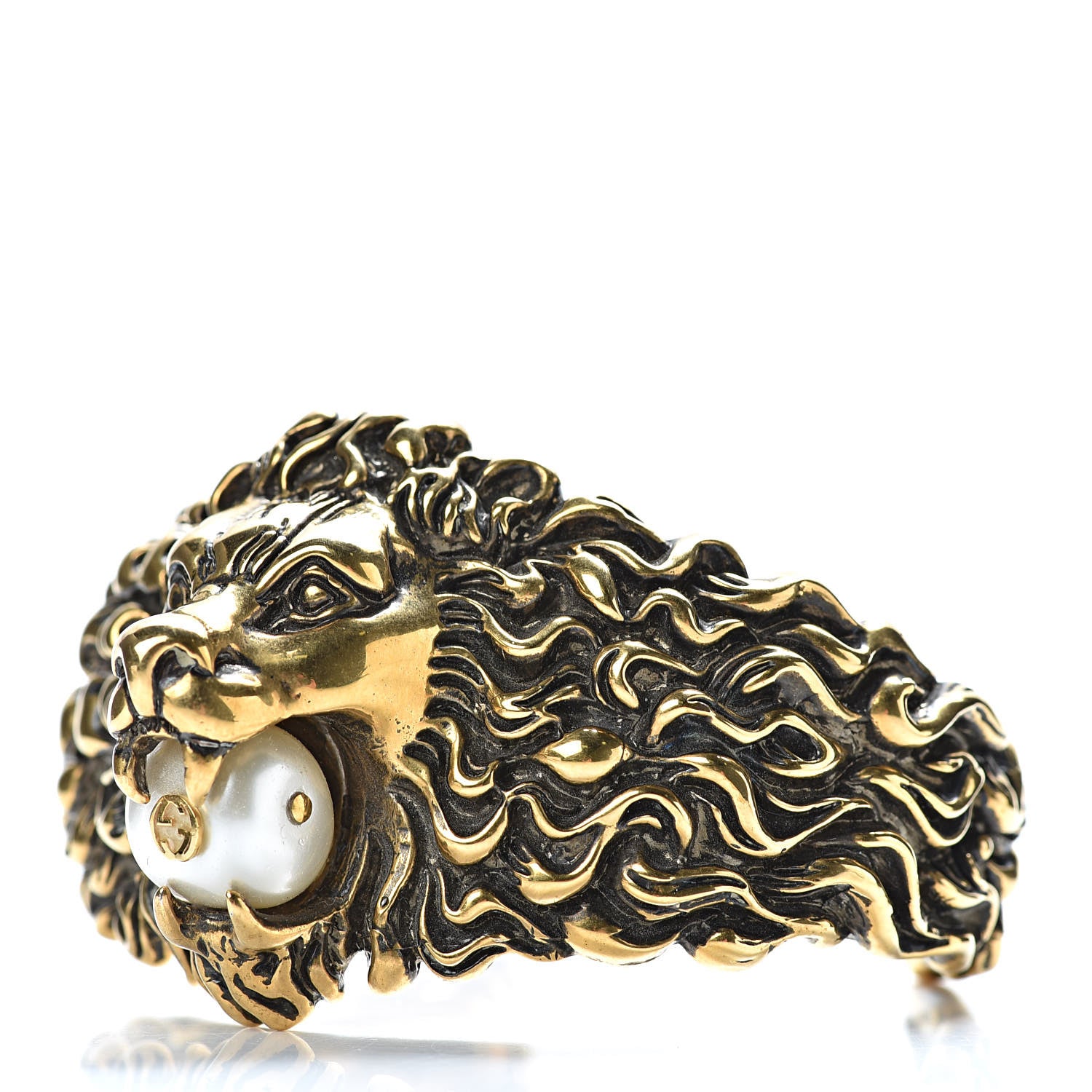 Gucci Metal Pearl Lion Head Cuff Bracelet 18 Aged Gold 3 of 7