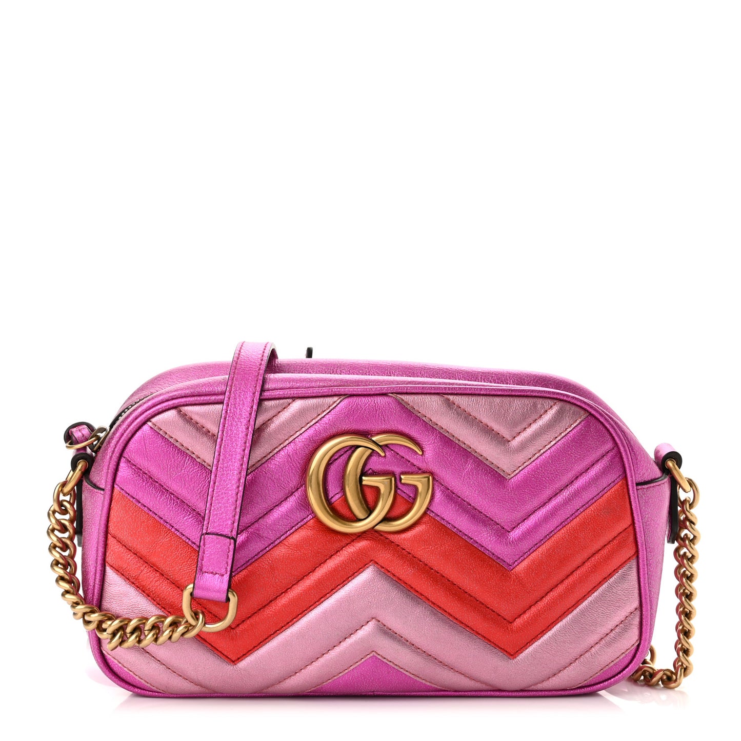 Laminated Nappa Matelasse Small GG Marmont Chain Shoulder Bag Fuxia Rosso Rosa