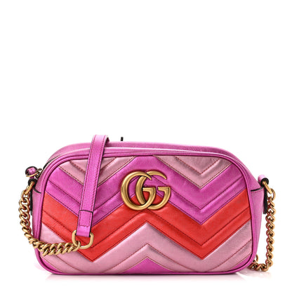 Gucci Laminated Nappa Matelasse Small GG Marmont Chain Shoulder Bag Fuxia Rosso Rosa 1 of 10