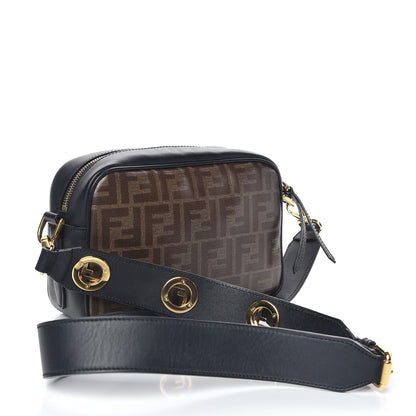Fendi Glazed Fabric Vitello Century F is Fendi FF 1974 Stamp Patch Camera Case Mogano Panna Black 3 of 10