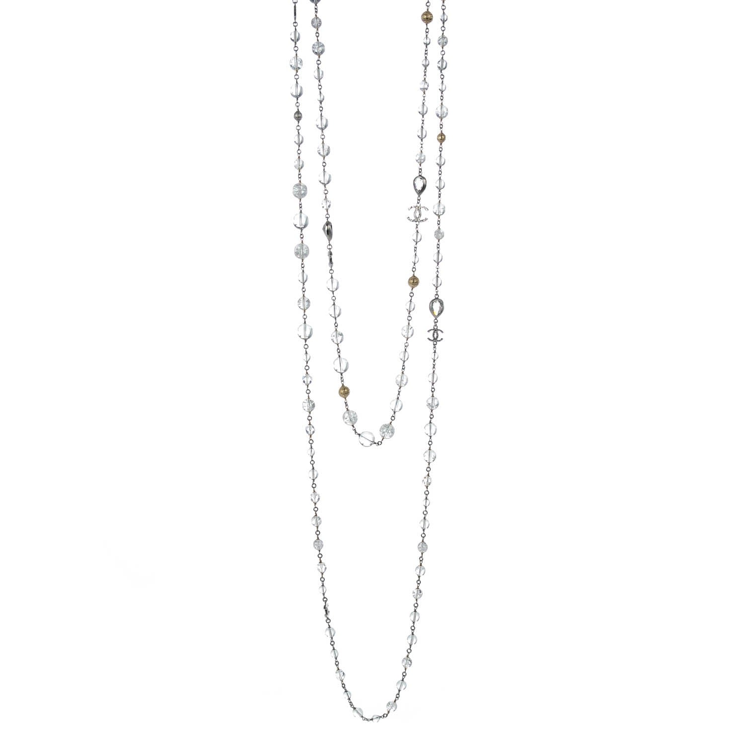 Chanel Crystal Glass Beaded CC Long Necklace Silver 1 of 6