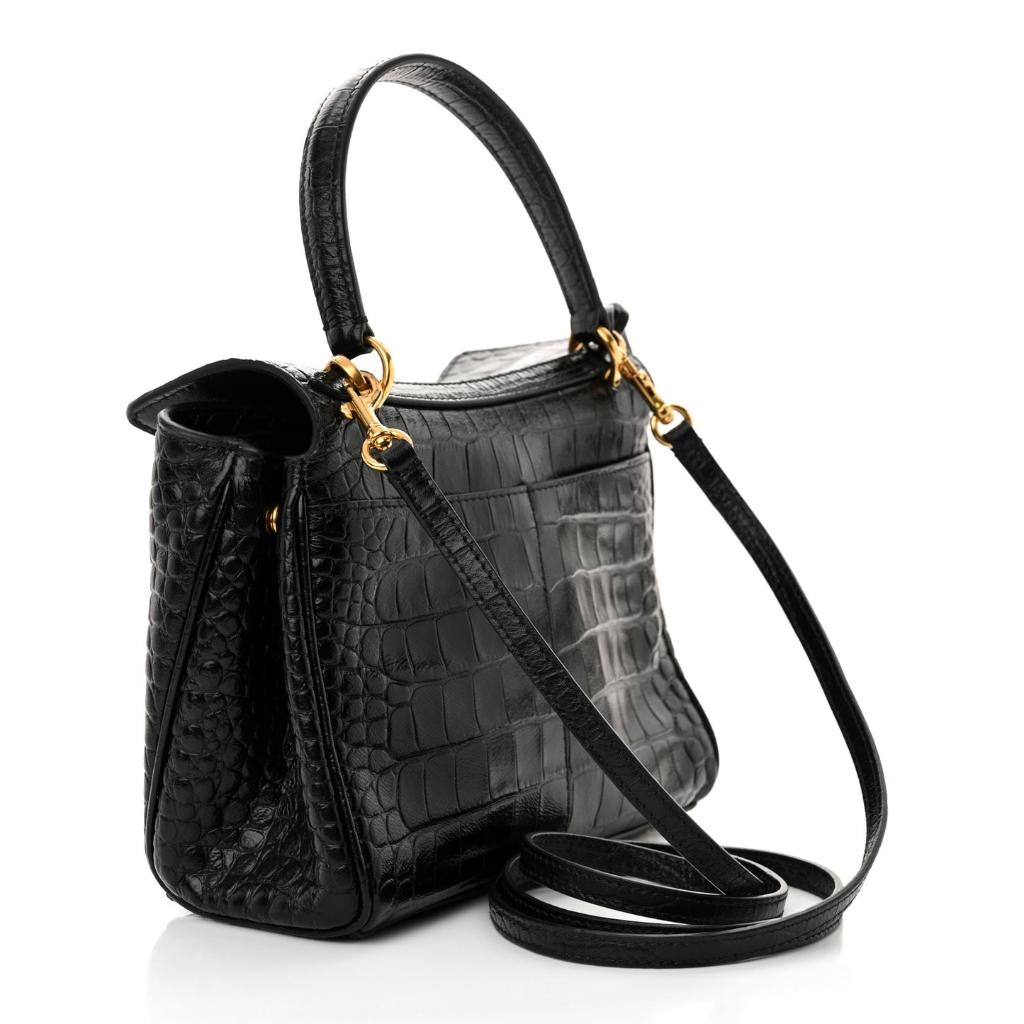 Shiny Calfskin Crocodile Embossed Mini Rodeo Top Handle Handbag Black