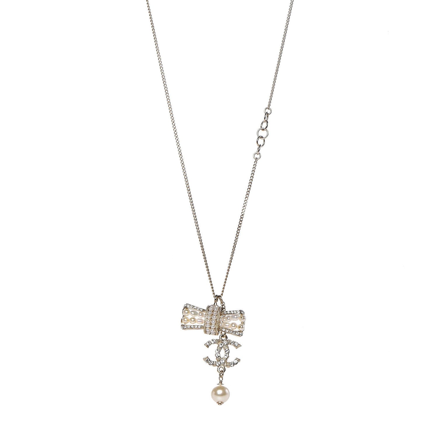 Crystal Pearl CC Bow Necklace Gold