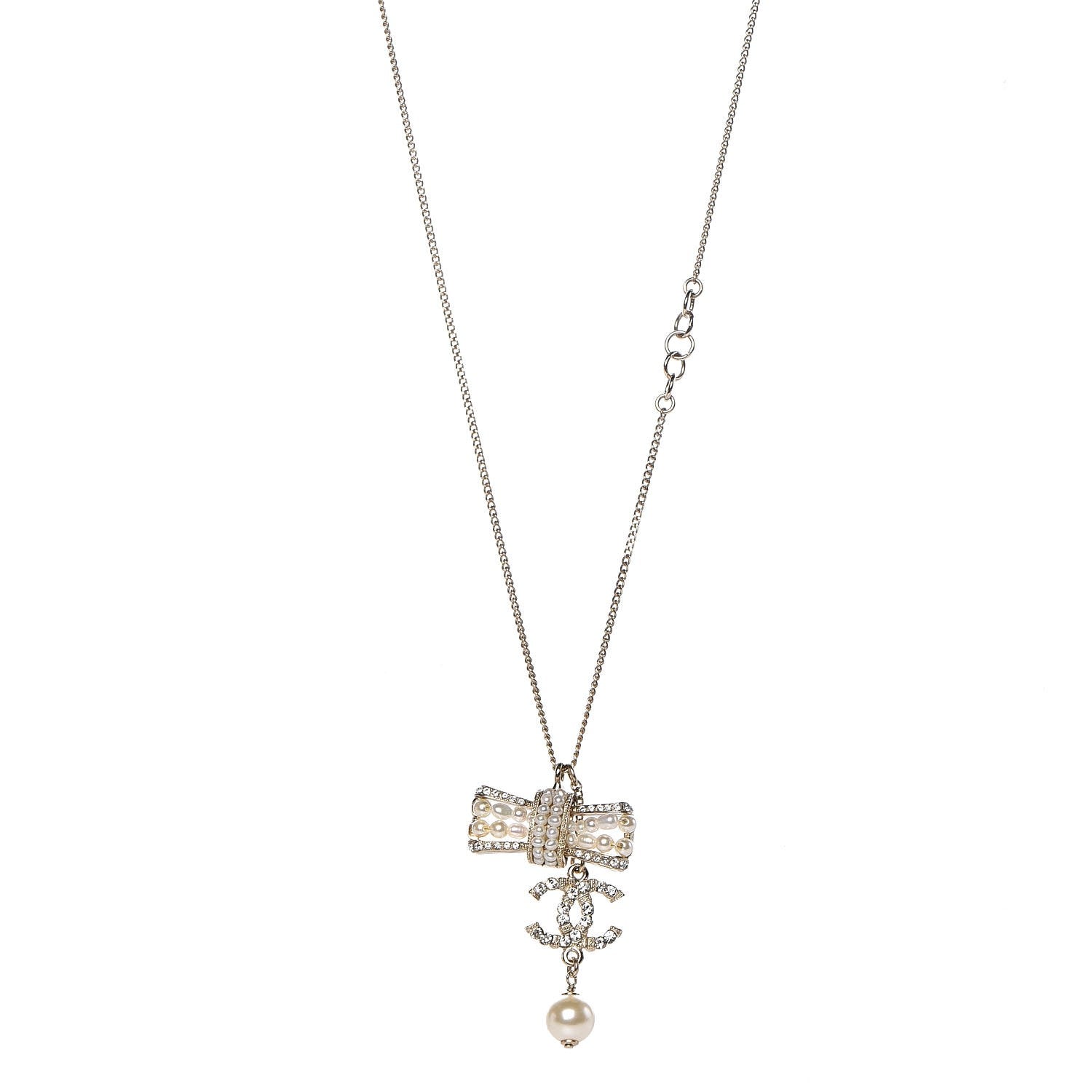 Chanel Crystal Pearl CC Bow Necklace Gold 1 of 5