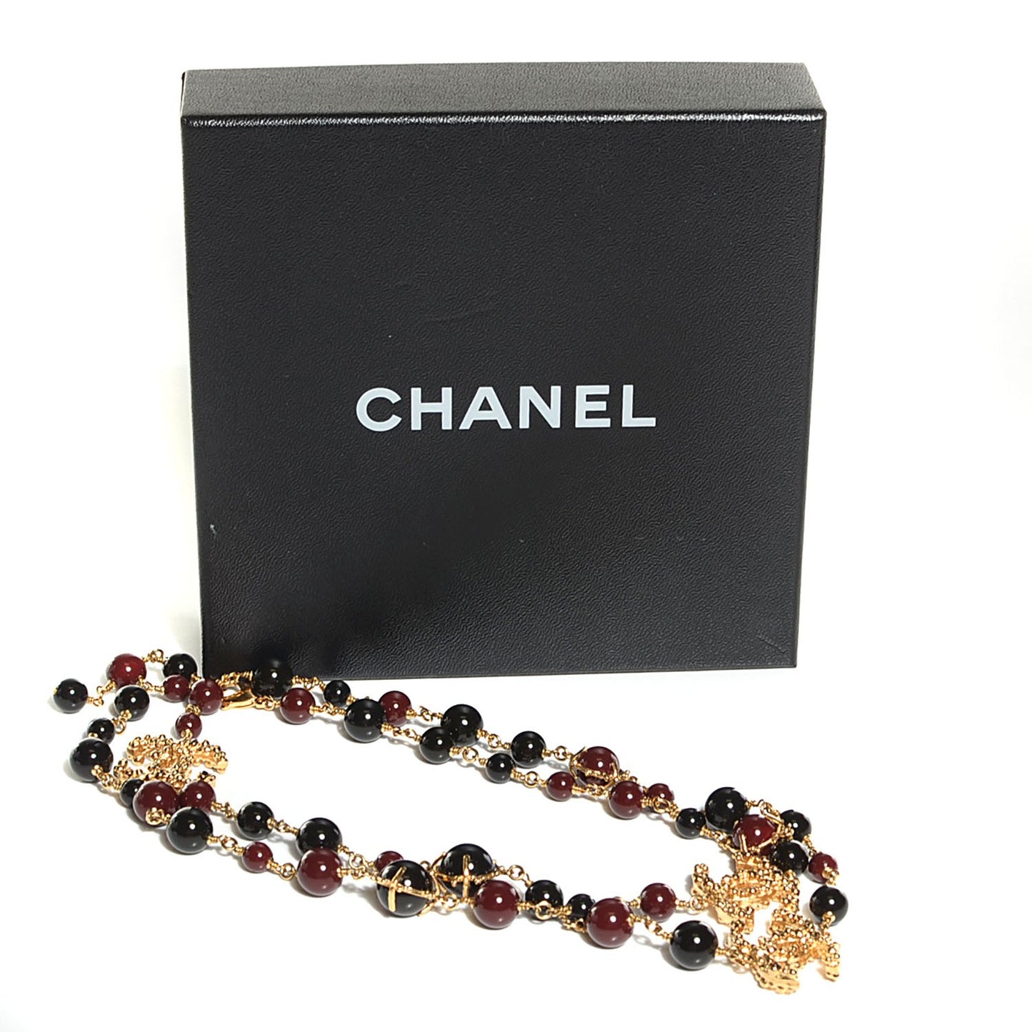 Beaded CC Long Strand Necklace Black Red