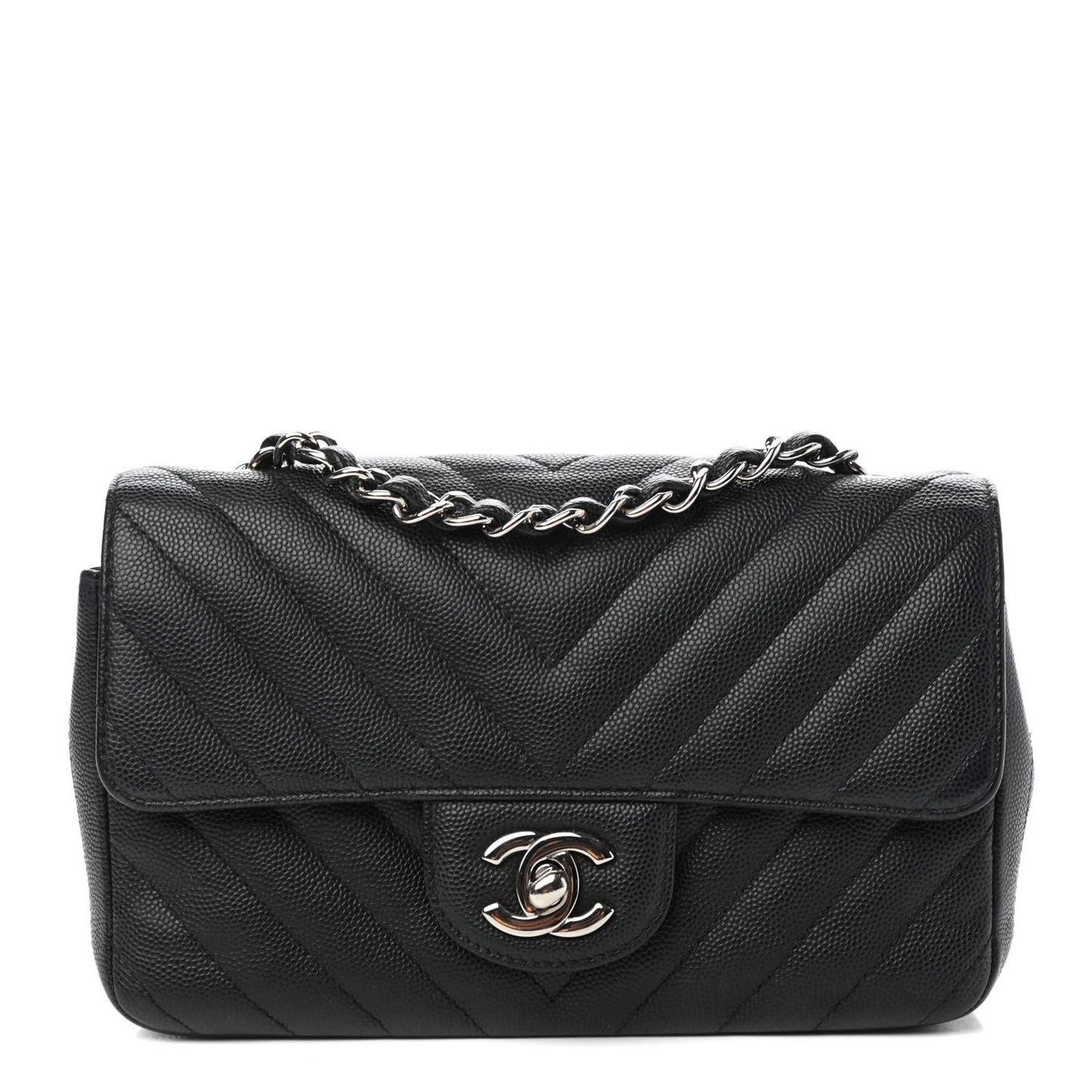 Caviar Chevron Quilted Mini Rectangular Flap Black