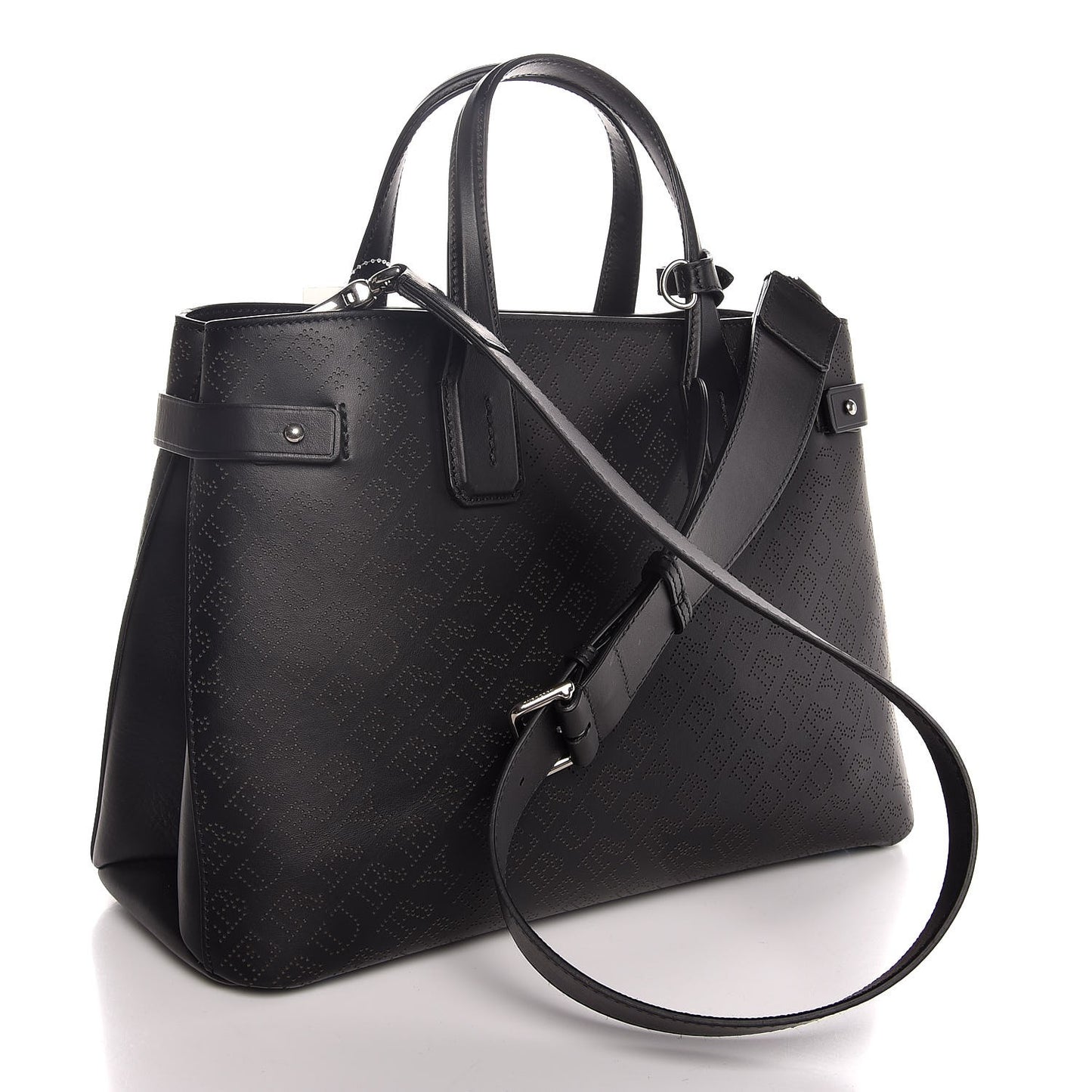 Calfskin Perforated Medium Banner Tote Black