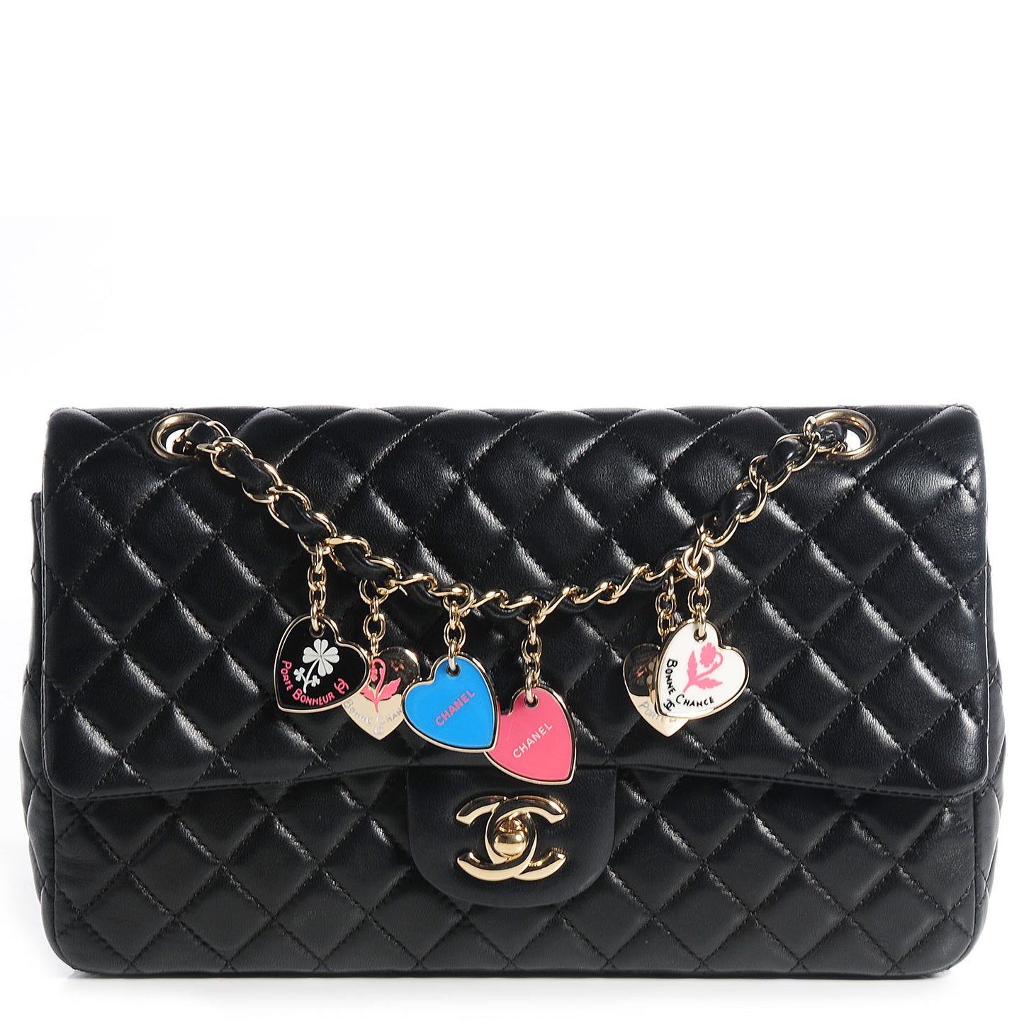 Lambskin Quilted Valentine Charms Medium Single Flap Black