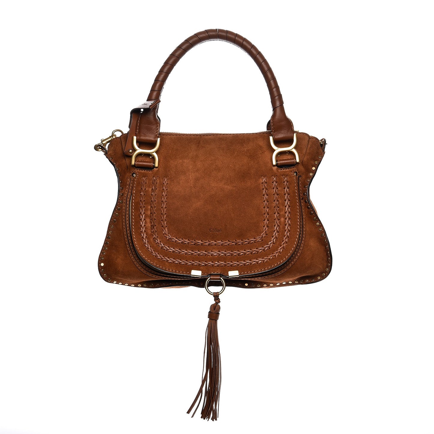 Suede Calfskin Braided Medium Marcie Satchel Caramel