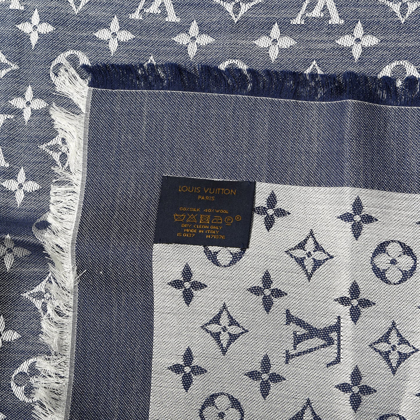 Silk Wool Monogram Denim Shawl Blue
