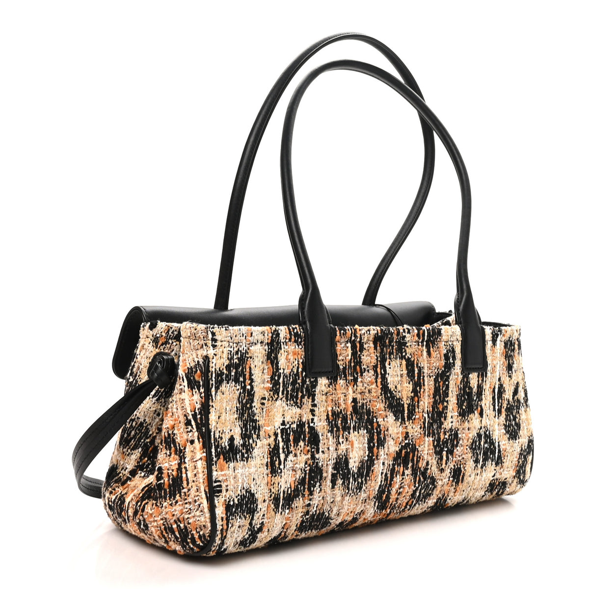 Calfskin Tweed Mixed Fibers Leopard Print Urban Essentials Small Shopping Bag Brown Black White
