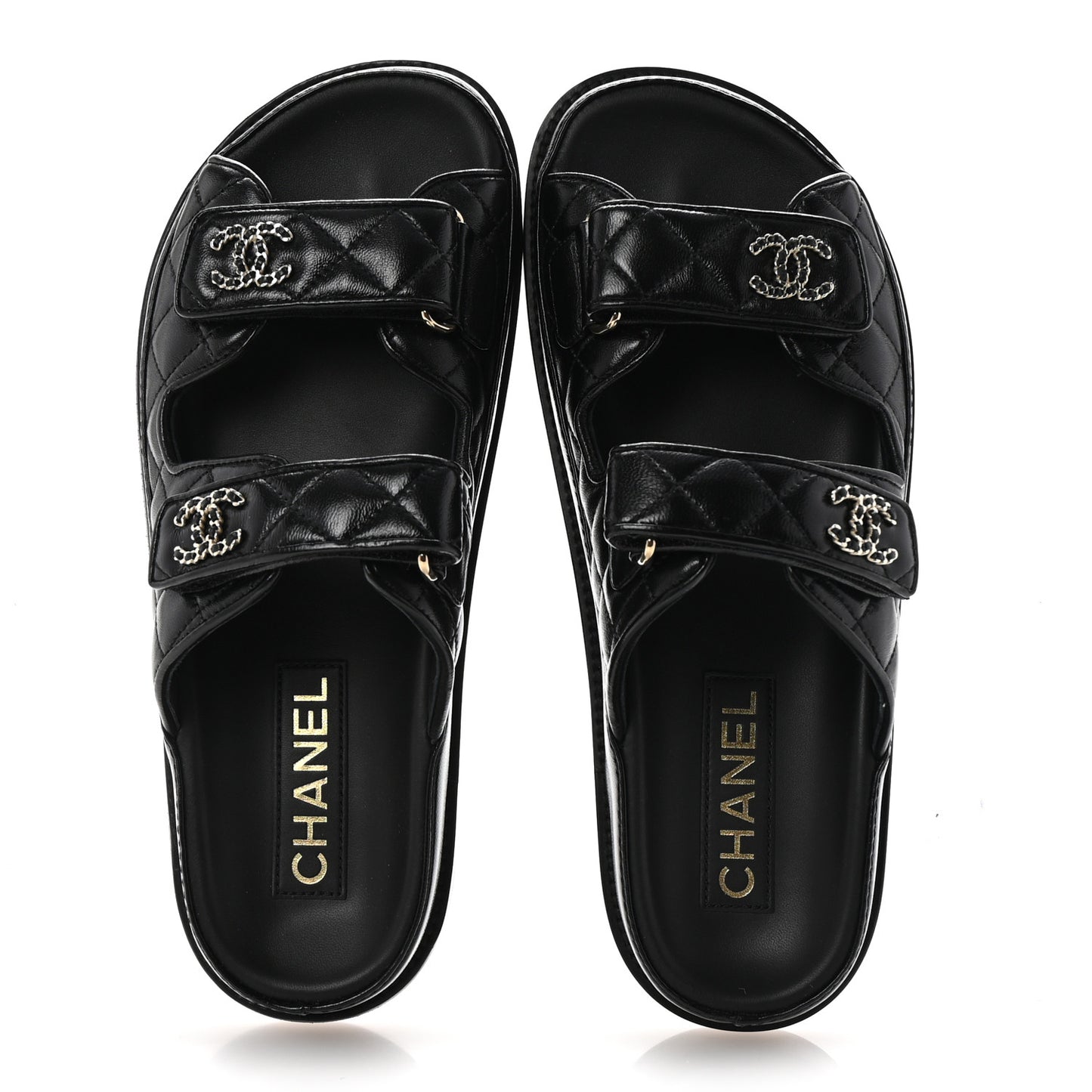 Lambskin Quilted Velcro Dad Chain CC Slide Sandals 37.5 Black