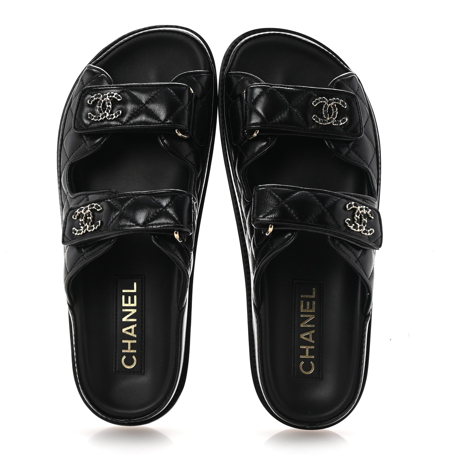 Chanel Lambskin Quilted Velcro Dad Chain CC Slide Sandals 37.5 Black 2 of 10