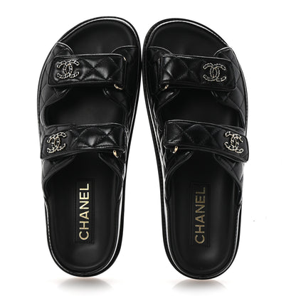 Chanel Lambskin Quilted Velcro Dad Chain CC Slide Sandals 37.5 Black 2 of 10