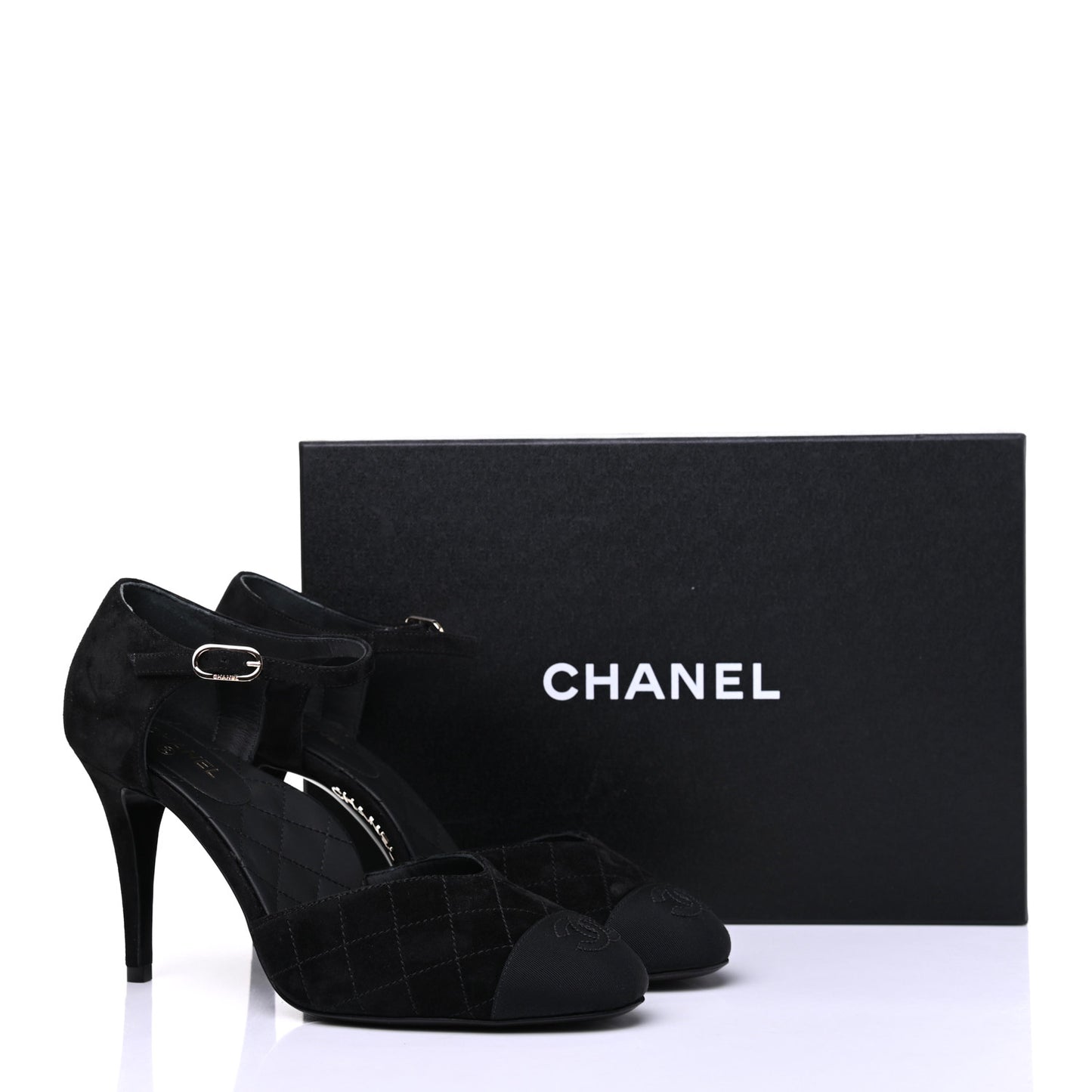 Suede Grosgrain Cap Toe CC Ankle Strap Pumps 39 Black