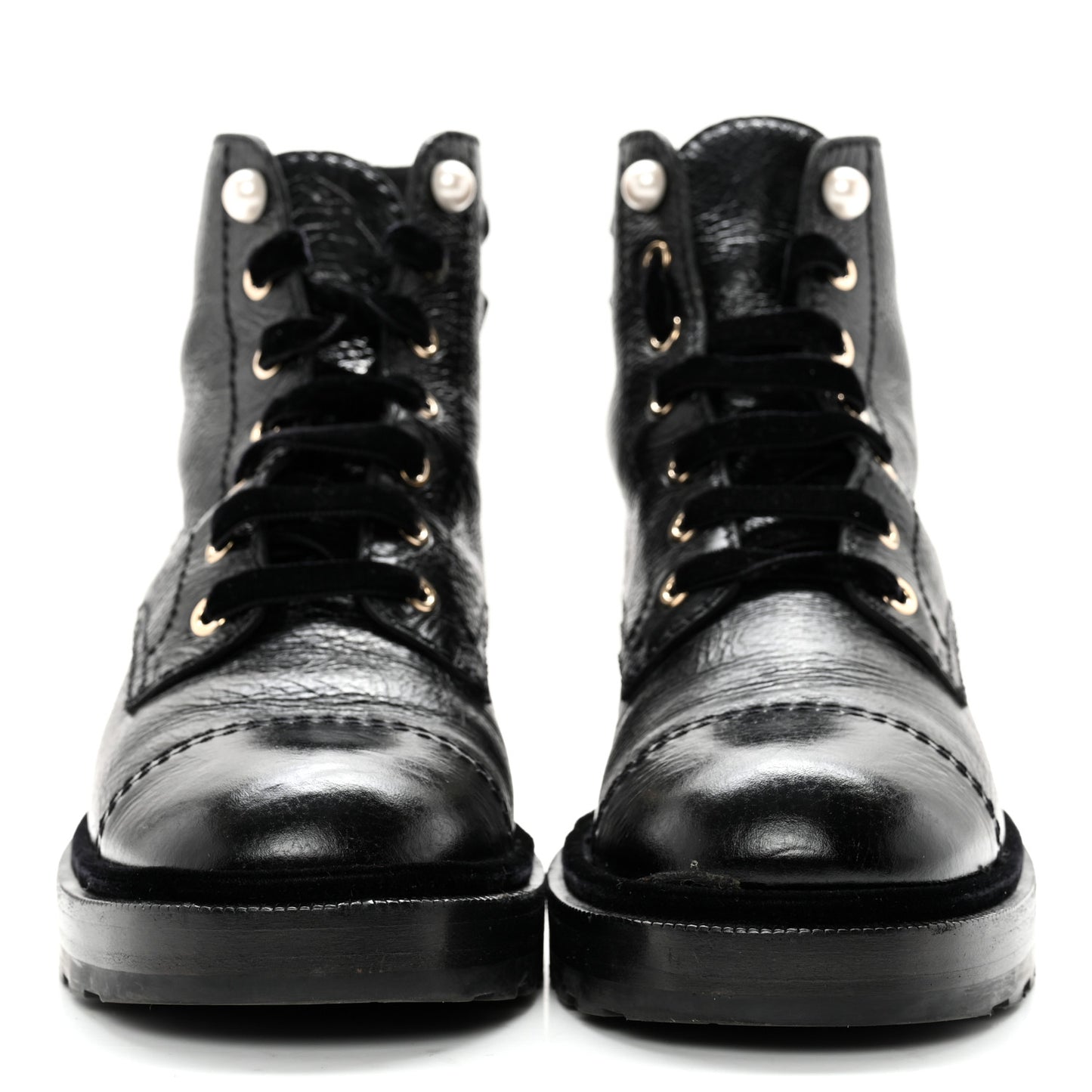 Shiny Calfskin Velvet Pearl Combat Short Boots 40 Black