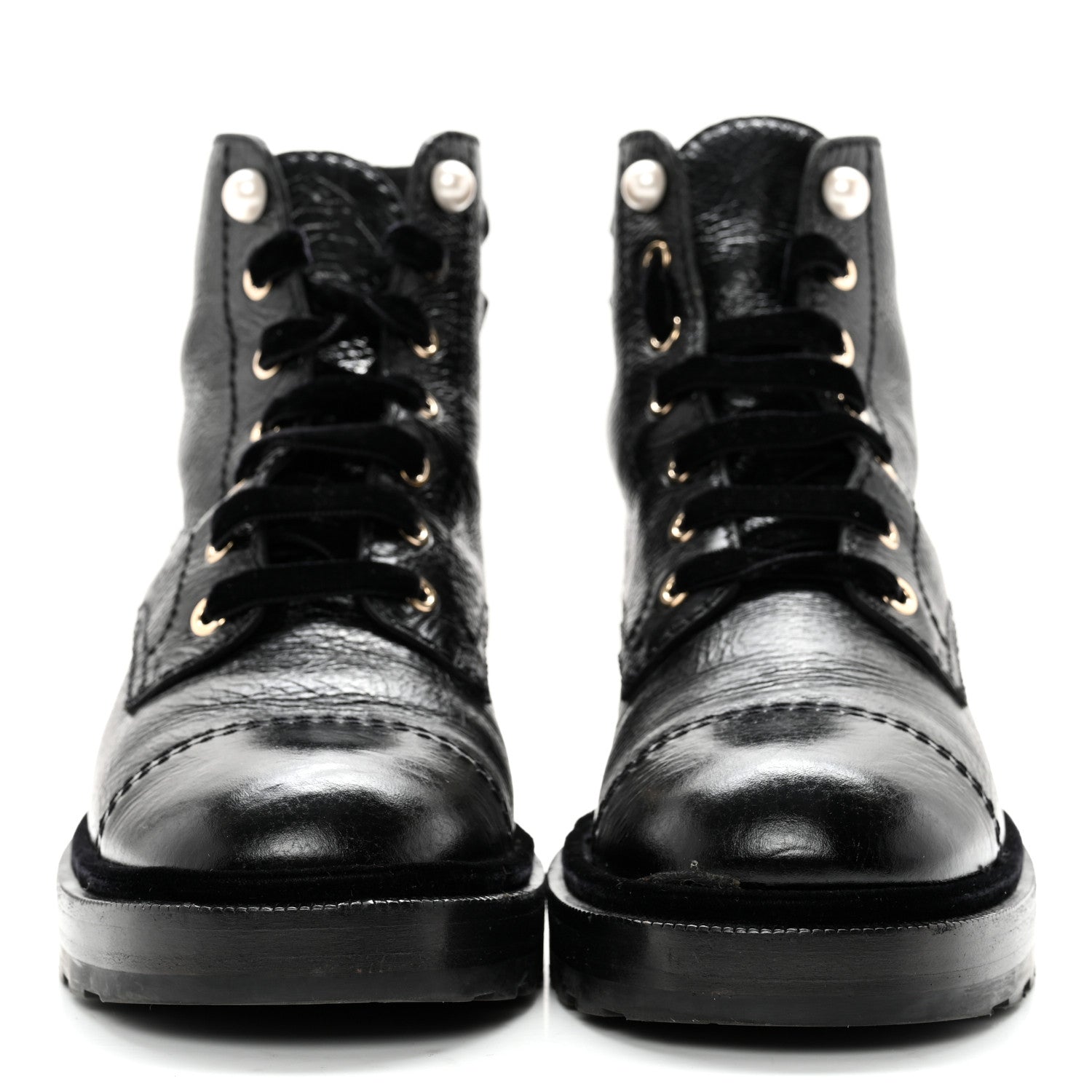 Chanel Shiny Calfskin Velvet Pearl Combat Short Boots 40 Black 2 of 13